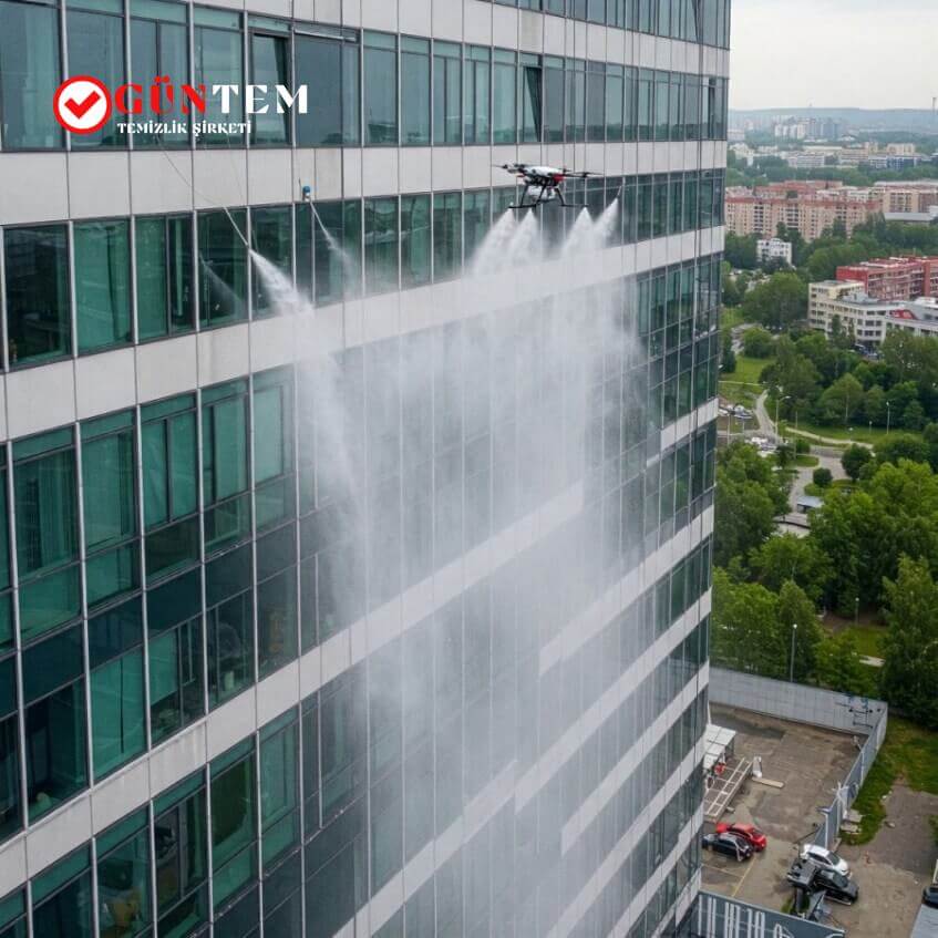 Drone ile dış cephe cam temizleme çalışmaları