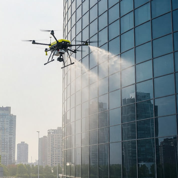 Plaza cam temizliğinde drone kullanımı