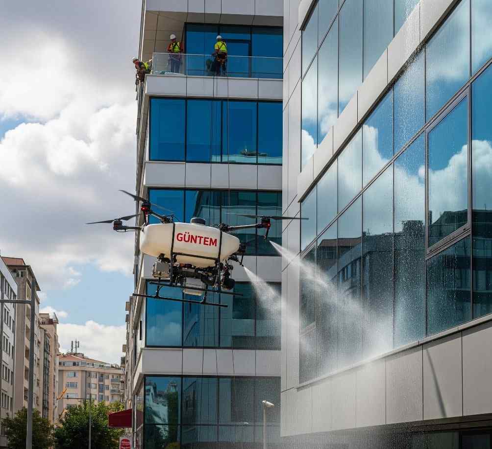Güntem Temizlik'in drone ile Ümraniye dış cephe cam temizliği hizmeti.