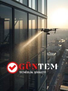 Drone ile yüksek bina dış cephe cam temizlik çalışması: Güntem Temizlik Şirketi