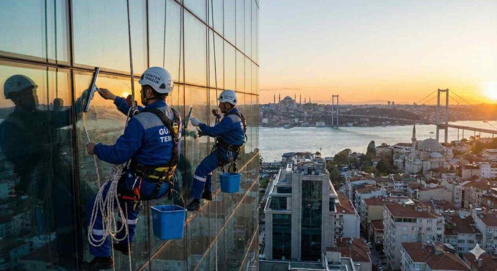 İple erişim yöntemiyle cam giydirme cephe temizliği çalışmaları: Güntem Temizlik Şirketi