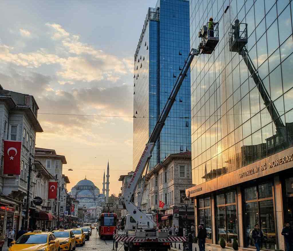 Sepetli vinç erişimi ile İstanbul dış cephe mantolama sonrası temizlik hizmeti: Güntem Temizlik
