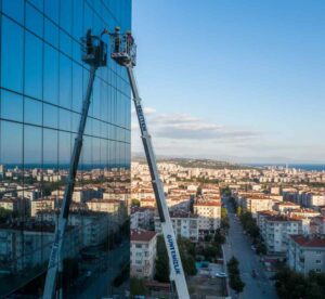 Sepetli vinç kullanımı ile yapılan İzmir dış cephe cam temizlik hizmetleri