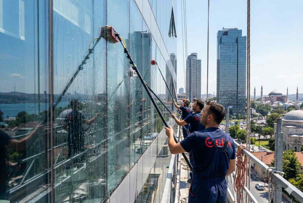 Teleskopik uzatma yöntemi ile Denizköşkler dış cephe cam temizliği hizmetleri: Güntem Temizlik Şirketi