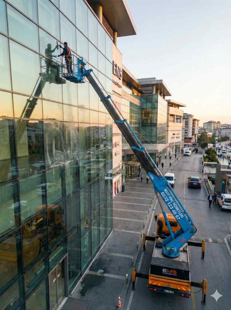 Sepetli vinçle Aksaray dış cephe cam temizliği hizmetleri