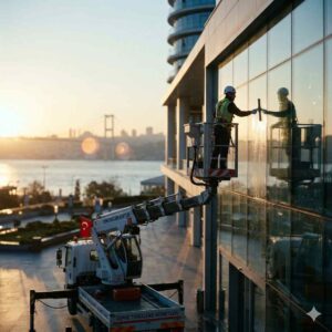 Sepetli vinç erişimiyle Gökdelen dış cephe temizliği hizmetleri