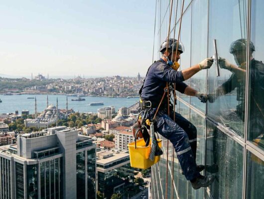 Aynalı ve renkli cam cephe temizlik çalışmaları