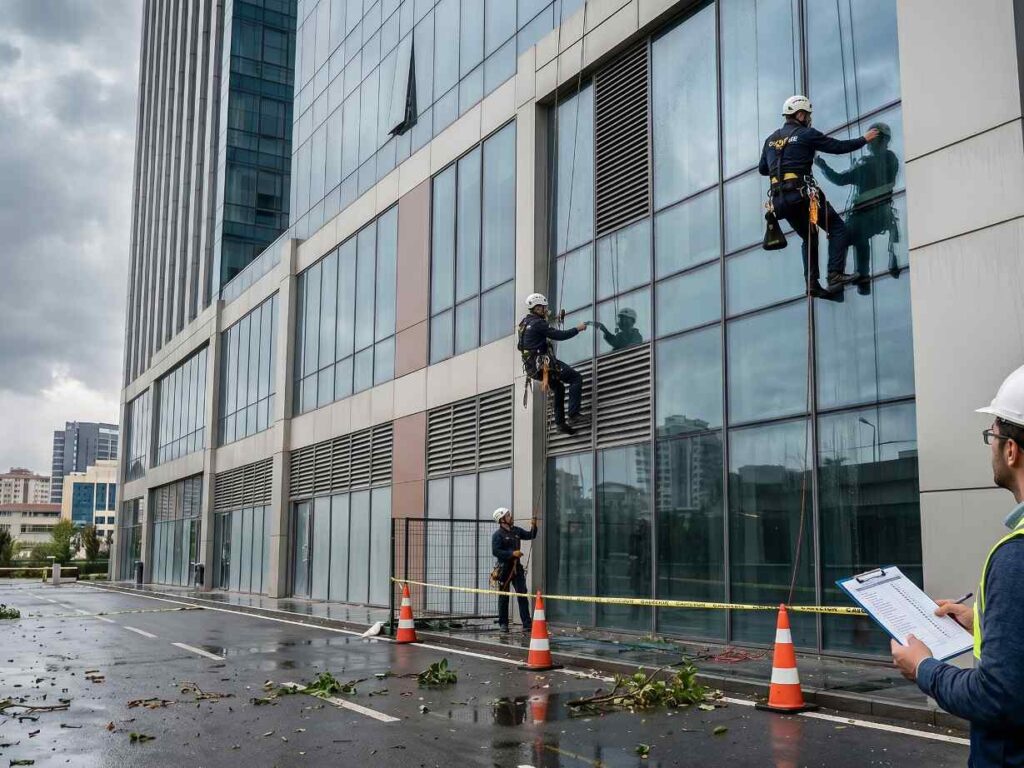 Fırtına sonrası dış cephe kontrolü yapan ekip