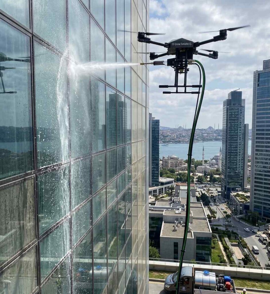 Kış mevsiminde drone ile cam temizlik çalışmaları