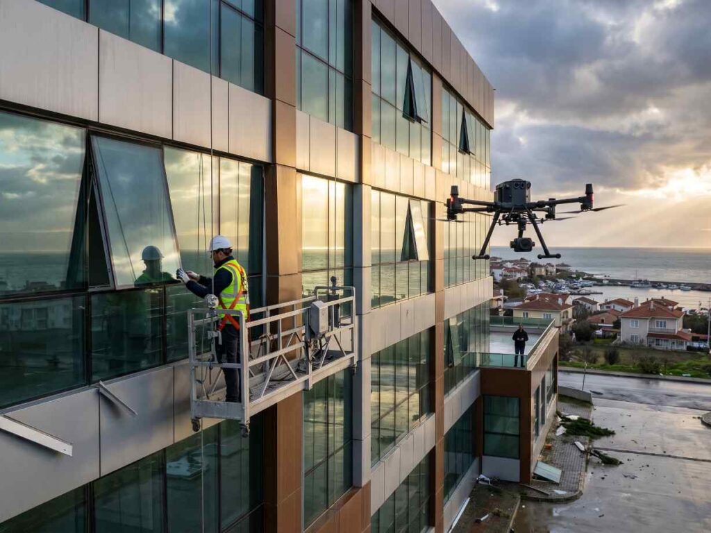 Drone ile dış cephe yıkama çalışmaları