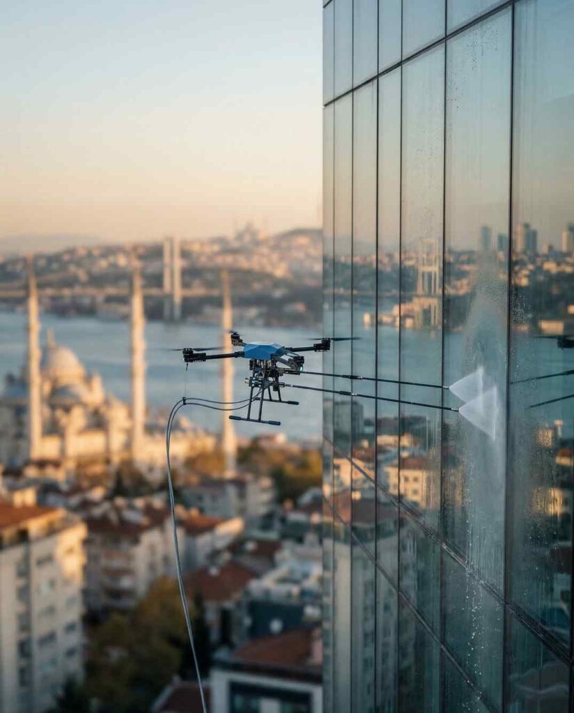 Drone teknolojisi ile aynalı ve renkli dış cephe cam temizliği