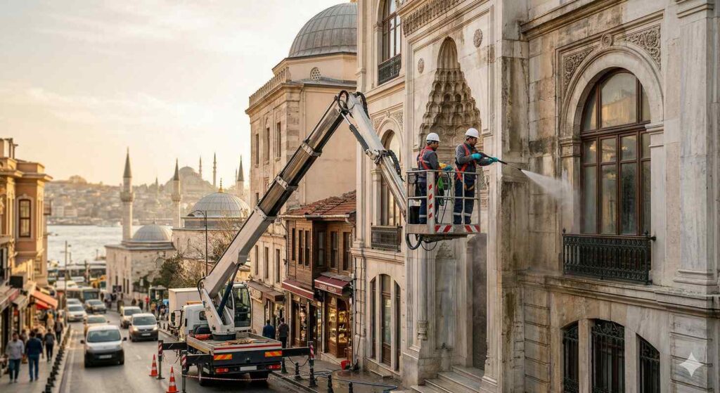 Düşük basınçlı su ile tarihi bina dış cephe temizliği