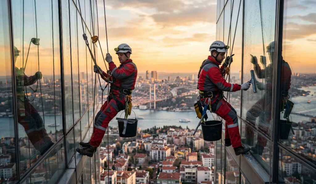 İple erişimle profesyonel cephe temizliği çalışmaları