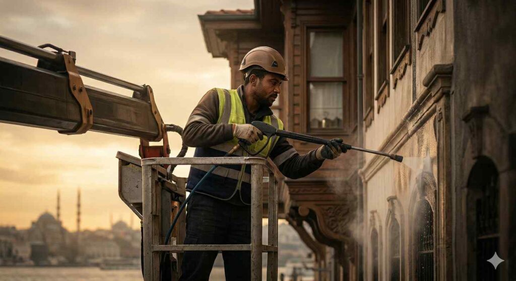 Sepetli vinçle tarihi bina dış cephe temizliği