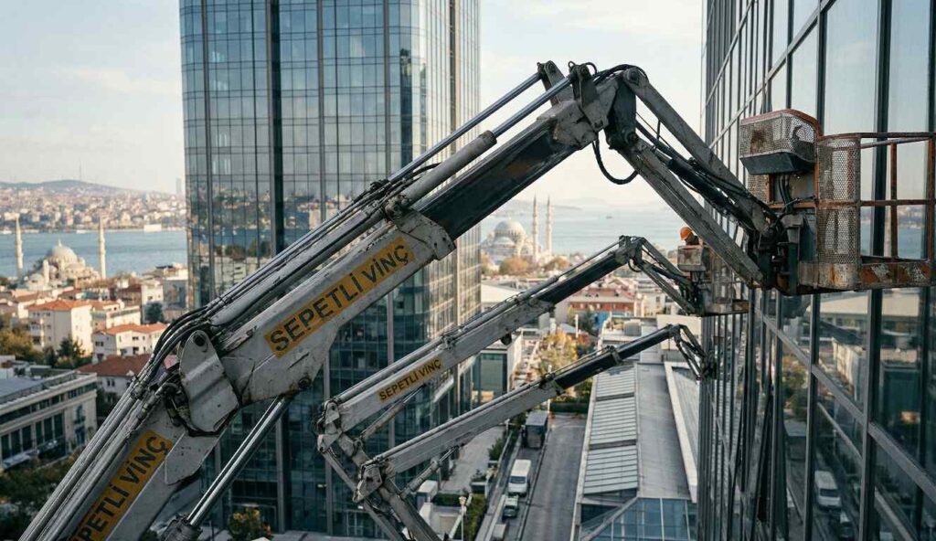 Sepetli vinçli plaza cam temizliği yöntemi