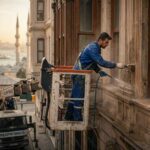 İstanbul'da bir tarihi binada dış cephe temizlik çalışmaları