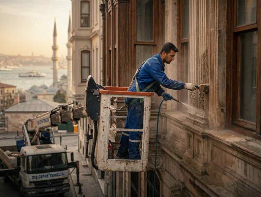 İstanbul'da bir tarihi binada dış cephe temizlik çalışmaları