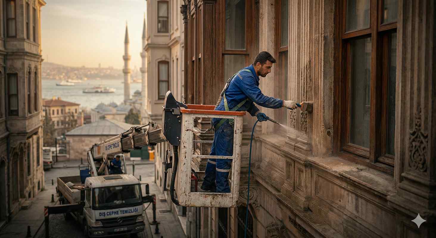 İstanbul'da bir tarihi binada dış cephe temizlik çalışmaları