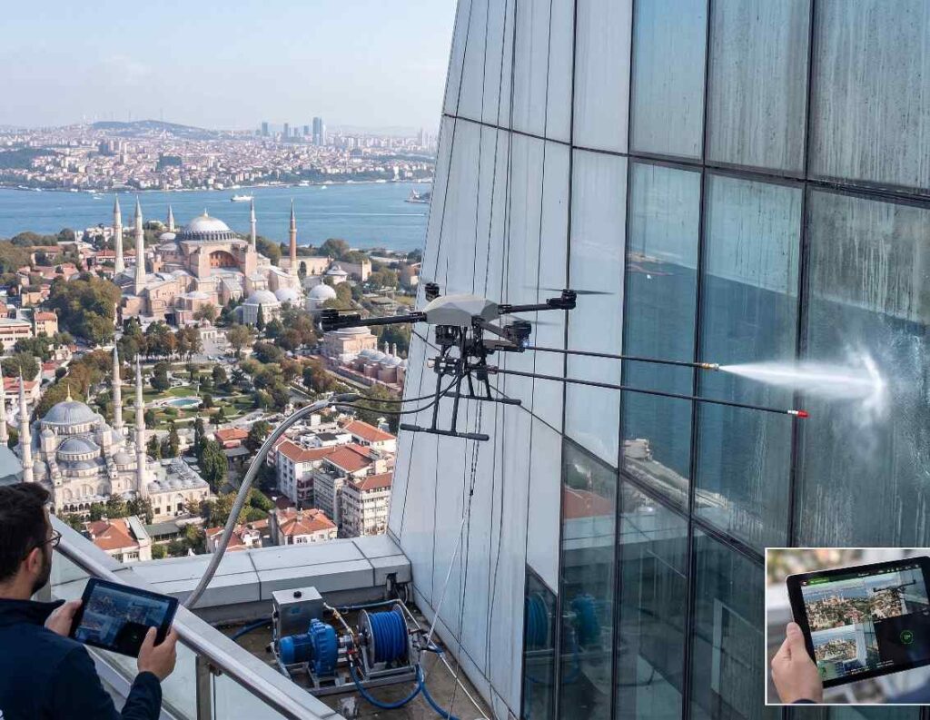 Drone ile Kadıköy Bahariye dış cephe cam temizliği hizmetleri