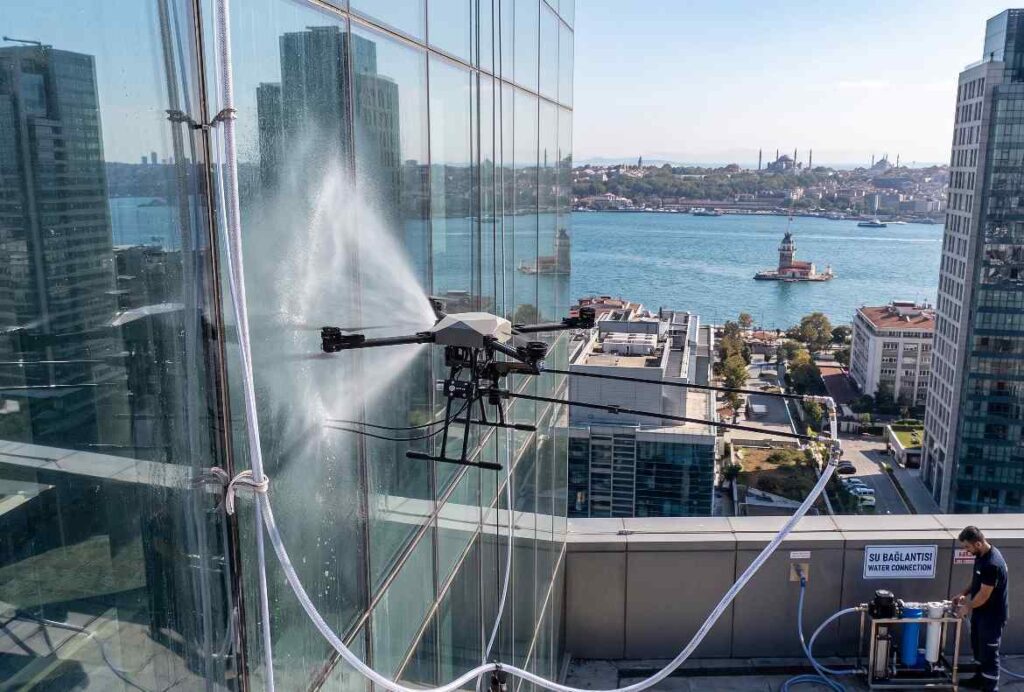 Drone teknolojisi ile yapılan yüksek bina dış cephe cam temizliği