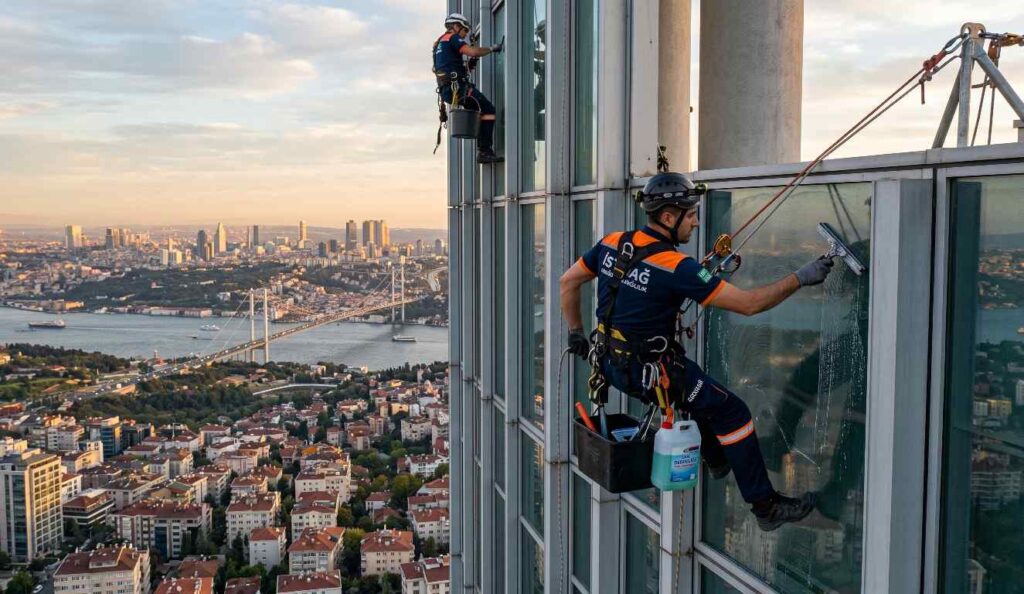 Endüstriyel dağcılık ile yapılan yüksek bina dış cephe temizliği