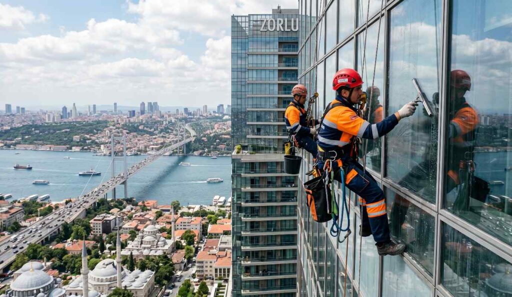 İp erişimi ile Soğanlı'da yüksek bir binanın dış cephe cam temizliği uygulaması