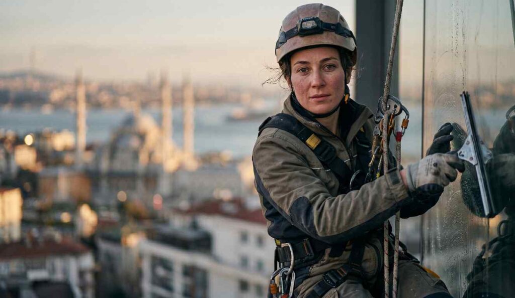İpli erişim ile yapılan dış cephe cam temizliği