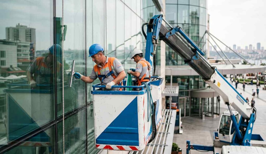 Sepetli vinçle plaza dış cephe cam temizliği