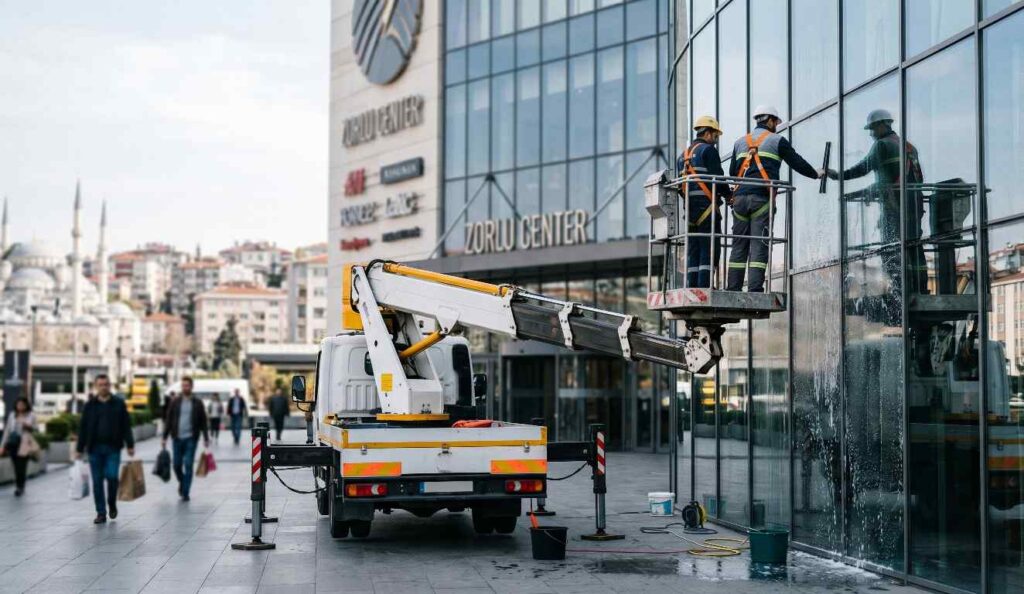 Sepetli vinçle yapılan bir dış cephe temizliği