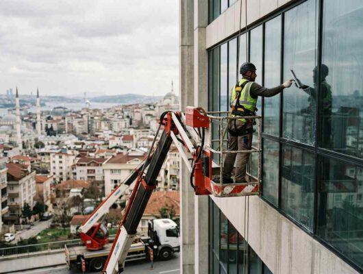 Soğanlı'da yüksek bir binanın dış cephe ve cam temizliği çalışması