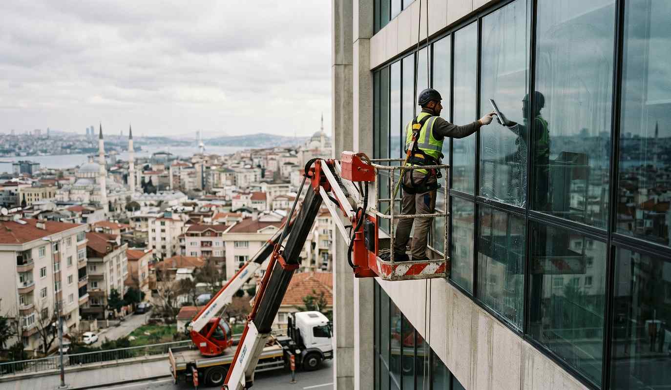 Soğanlı'da yüksek bir binanın dış cephe ve cam temizliği çalışması