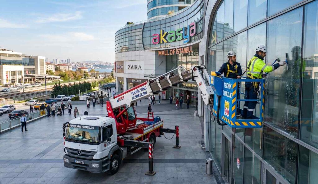 Soğanlı'da sepetli vinçle cam silme uygulaması