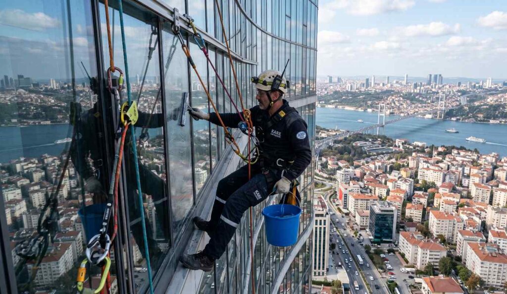 Yüksek katlı plazada dış cam temizliği çalışmaları