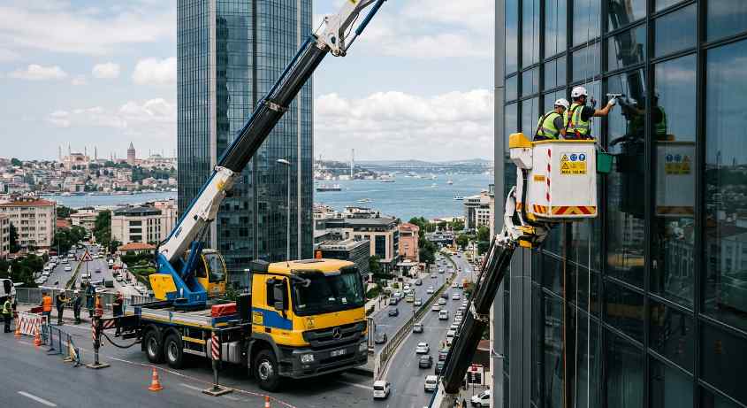 Dış cephe temizliğinde sepetli platform kullanımı