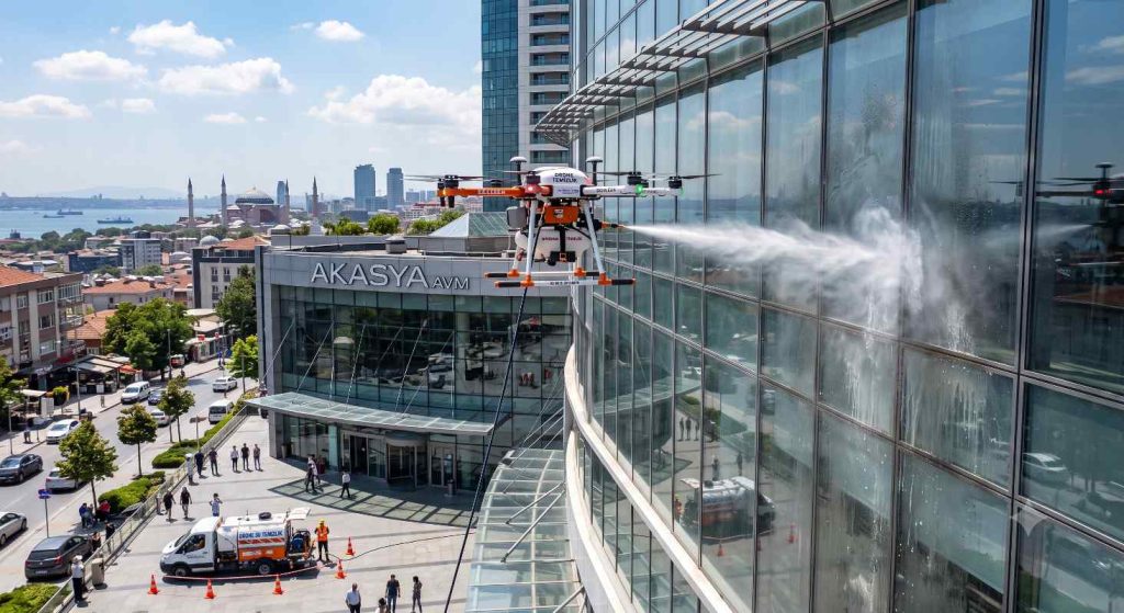 Drone ile cam temizliği çalışmaları