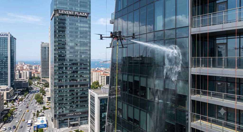Drone ile İstanbul plaza cam temizliği