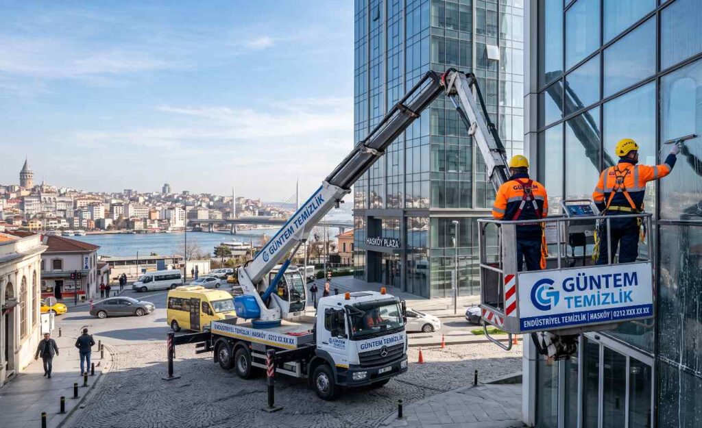 Konya'da sepetli platform ile dış cephe cam temizliği