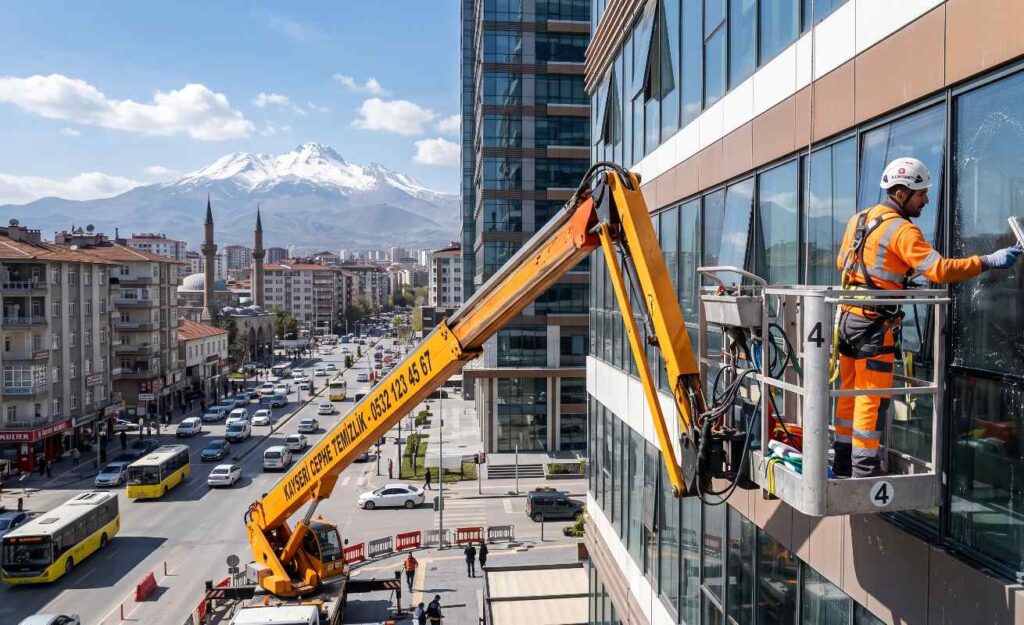 Sepetli vinç erişimi ile Kayseri dış cephe temizliği hizmetleri - Güntem