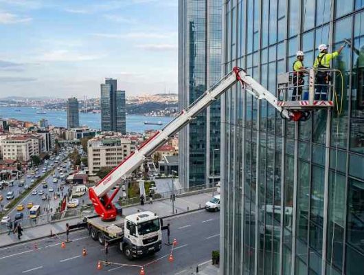 Sepetli vinçli dış cephe temizlik operasyonu