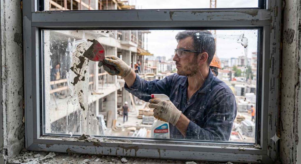 Cam yüzeydeki inşaat kalıntılarının temizlenmesi