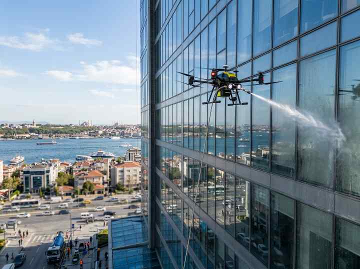 Drone ile gerçekleştirilen dış cephe temizlik operasyonu