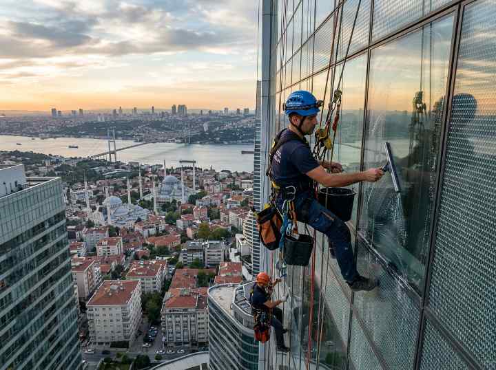 Yüksek bir binanın dış cephe temizlik operasyonu